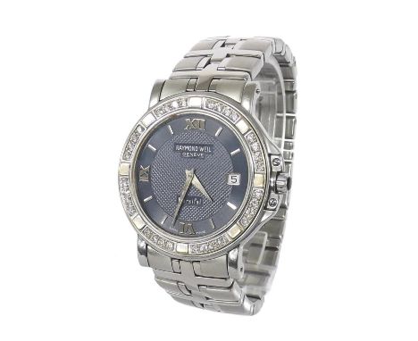 Raymond Weil Parsifal stainless steel and diamond gentleman's bracelet watch, ref. 9531, diamond set bezel, blue engine turne