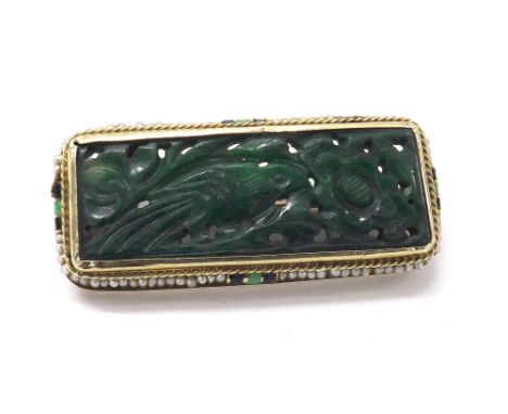 14k jade set brooch, the pierced panel depicting a bird and flower, in a yellow gold seed pearl and enamel pierced mount, 10.
