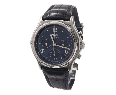 Ebel automatic chronograph stainless steel gentleman's wristwatch, ref. E9137240, serial no. 64516136, blue dial with triple 