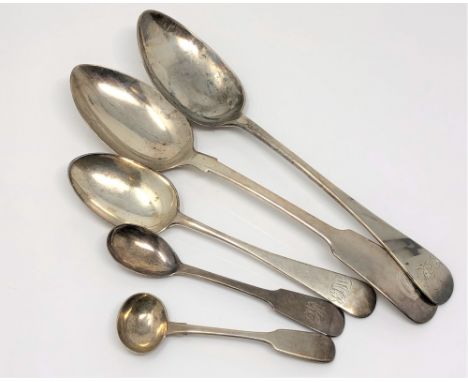 A group of silver comprising two Georgian Newcastle silver table spoons, a dessert spoon and two caddy spoons, various marks.