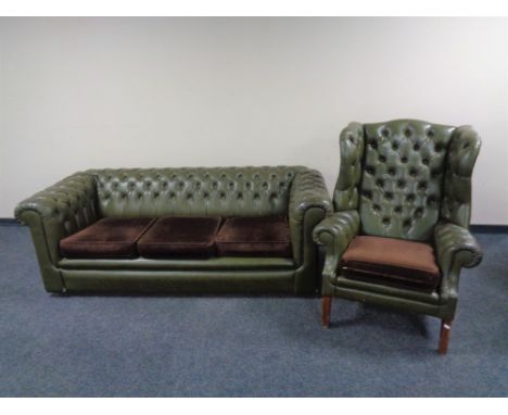 A green button leather Chesterfield settee and wingback armchair 