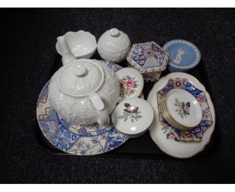 A tray of Masons Eplique plates, dish and lidded trinket dish, Wedgwood Jasper ware, three piece Wedgwood country ware tea po