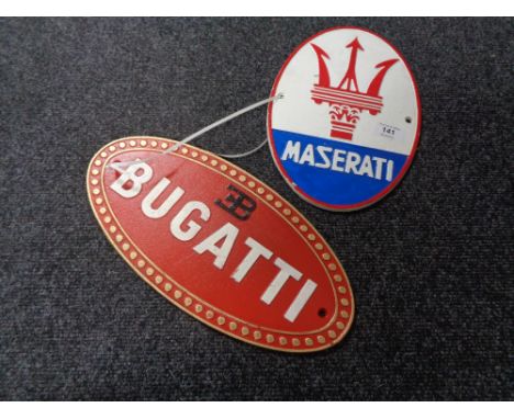 Two cast iron plaques - Bugatti and Maserati 