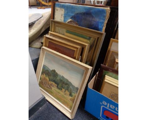 Nine 20th century continental school pictures - oil, tapestry, portrait studies etc 