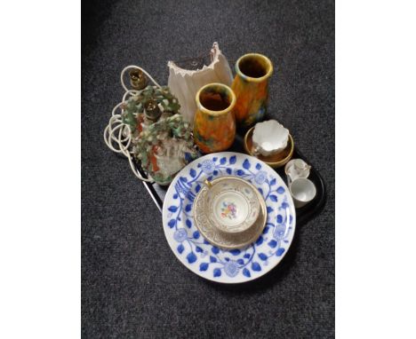 A tray of pair of Staffordshire figural table lamp bases, pottery vases, pair of antique blue and white bowls, tea cup etc 