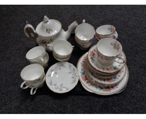 A tray of Royal Albert Moss Rose teapot, six Duchess tranquility tea cups and saucers, part Grafton china Malvern tea set 