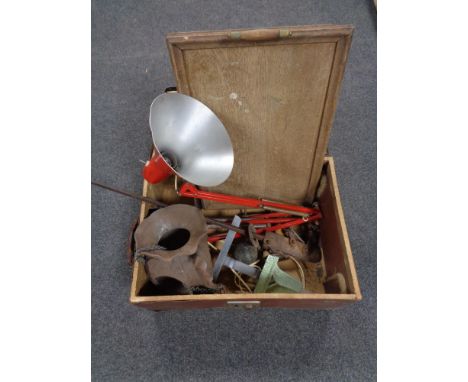 A vintage projector case containing a wooden twin handled serving tray, mid 20th century angle poise lamp, antique hanging sc