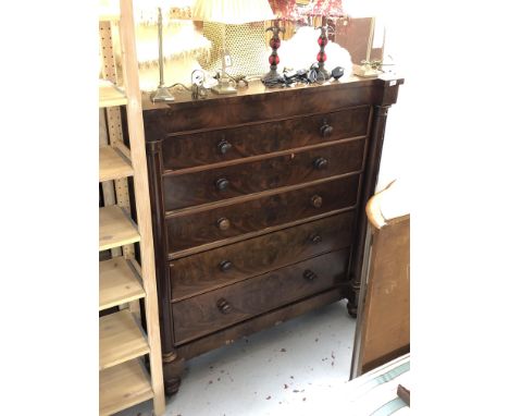 A Victorian mahogany six drawer Scotch chest with pillar column supports, 127cm wide by 60cm deep by 139cm high. 
