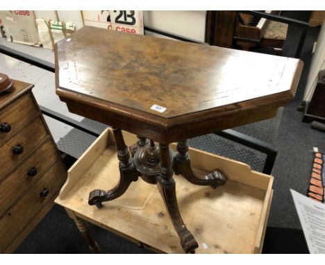 A Victorian inlaid mahogany hexagonal turnover top card table on pedestal support 