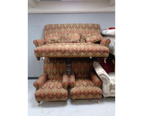 A good quality three piece Victorian style lounge suite in a tapestry fabric and scatter cushions 