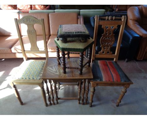 Two early 20th century bedroom chairs together with a nest of three oak tables and two tapestry upholstered footstools  