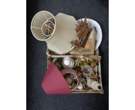 Two boxes of table lamps and shades, blue and white wash bowl, Ringtons metal tea caddy, model of the Golden Hind 