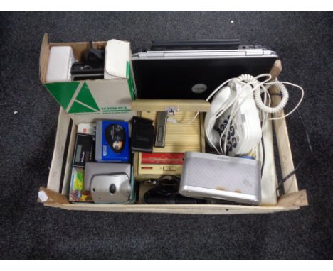 A crate of electricals - walkmans, boxed Kisho cassette recorder, Dell laptop, big button telephone etc 