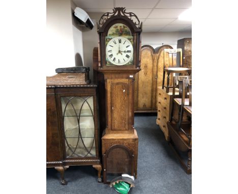 A 19th century inlaid oak thirty hour longcase clock with painted dial, with pendulum and one weight (a/f) CONDITION REPORT: 