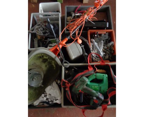 A pallet of tools, hardware, Bosch drill, Flymo mower etc 