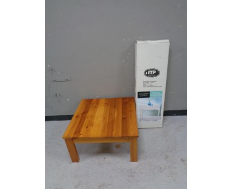 A square pine coffee table and boxed three drawer console table 