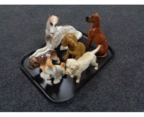 A tray of seven assorted figures of dogs including Goebel spaniel (damaged), Labrador, German dog figures etc 