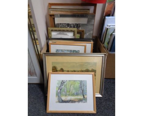 A box of 20th century continental school pictures and prints - watercolour, portrait studies, horse racing etc 