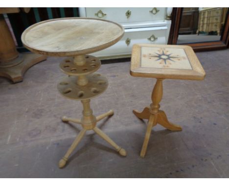 A blond oak smoker's table and a similar tile top wine table 