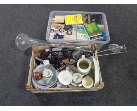 Two crates of assorted books, novels, miscellaneous china, angle poised lamp, iron, large brass vase etc 