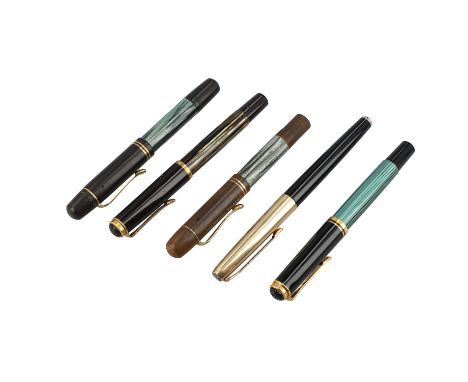 PELIKAN VINTAGE Schreibgeräte Konvolut. Bestehend aus fünf Füllfederhaltern. Jeweils mit starken Alters und Gebrauchsspuren. 