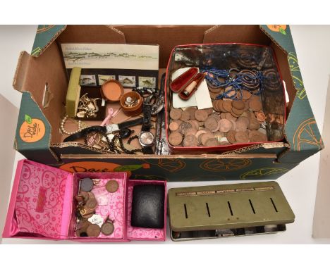 A BOX OF ASSORTED ITEMS, to include a biscuit tin of mixed British and world coins, mostly Pennies and Two Pences, costume je