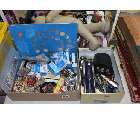 THREE BOXES OF MISCELLANEOUS SUNDRIES to include a assorted vintage sew-on badges from various European destinations, a large