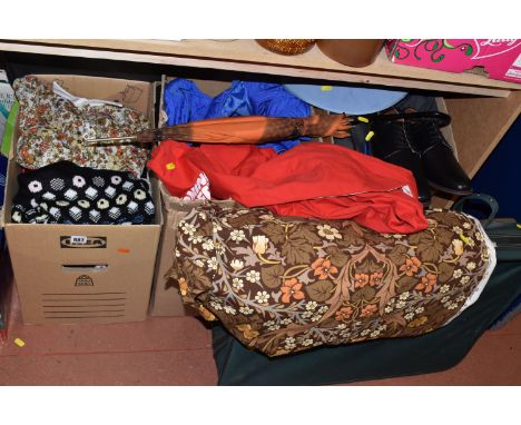 FOUR BOXES AND TWO CASES OF VINTAGE CLOTHES AND ACCESSORIES to include woollen jumpers, dresses, a 'Birmingham Superprix' jum