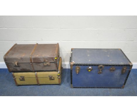 A LARGE RECTANGULAR TRAVELLING TRUNK, 92cm x depth 52cm x height 51cm, along with two wooden banded trunks, condition report: