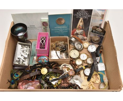 A BOX OF ASSORTED ITEMS, to include a silver 'Soleil' wristwatch, manual wind, round dial with Arabic numerals, subsidiary di