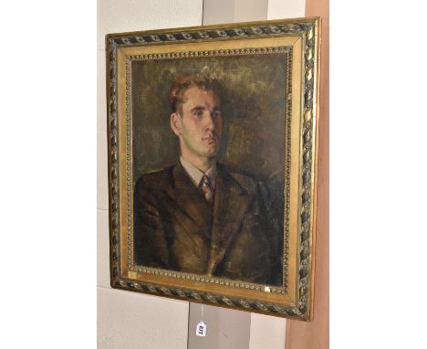 MICHAEL FRANCIS (BRITISH 20TH CENTURY) 'ERIC MOTTRAM ESQ', a head and shoulders portrait of a young man wearing a suit and ti