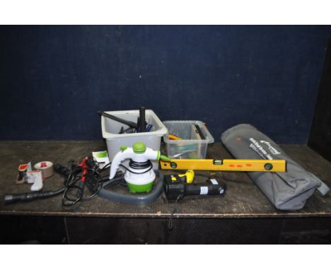 TWO TRAYS CONTAINING TOOLS, including a Pifco steam cleaner, a Pro Build electric screwdriver, a Gelert camping table, etc (a