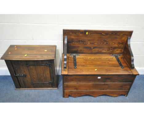 A MODERN STAINED PINE SETTLE, with a hinged seat, width 93cm x depth 45cm x height 81cm, along with a single door cupboard, c