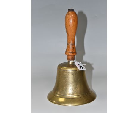 A VINTAGE HANDBELL, possibly a school bell, with wooden handle, height 25cm x diameter 14.5cm (1) (Condition Report: appears 