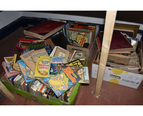 FOUR BOXES OF VINTAGE CHILDREN'S BOOKS, EPHEMERA, AND ANTIQUE INTEREST BOOKS to include a group of vintage fiction and non-fi
