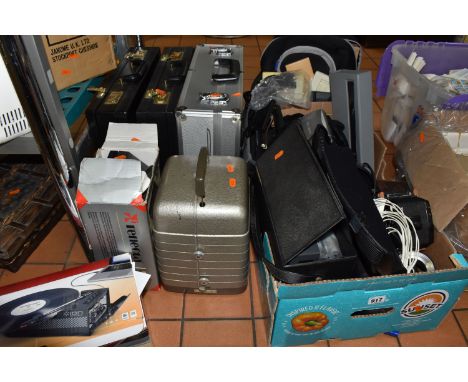 TWO BOXES AND LOOSE ELECTRICAL ITEMS, ART MATERIALS AND SUNDRY ITEMS, to include a Canon camera bag, a Minolta Autocord camer