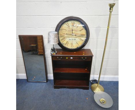 A LATE 20TH CENTURY MAHOGANY OPEN BOOKCASE, with a single drawer, width 79cm x depth 30cm x height 88cm, a standard lamp, a t