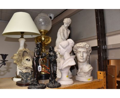 TWO TABLE LAMPS AND A GROUP OF FIGURES, comprising a plaster bust of Michaelangelo's 'David', a tall plaster figure of a bath