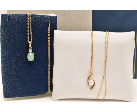 TWO PENDANT NECKLACES, the first pendant set with a jade cabochon and illusion set single cut diamond, fitted with a tapered 