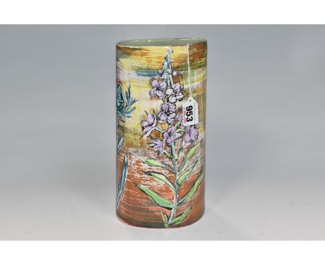 A LISA KATZENSTEIN (BRITISH, CONTEMPRORARY) MAJOLICA TAPERING VASE with a tinned glaze and thistle and floral pattern, height