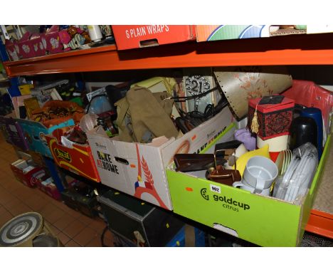 FIVE BOXES OF MISCELLANEOUS SUNDRIES, to include a set of plastic 'Patioware' by Twinco, table lamp, torches, binoculars, etc