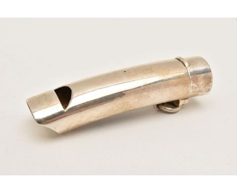 A LATE VICTORIAN NOVELTY SILVER COMBINATION WHISTLE AND VESTA CASE, polished whistle with hinged base, striker to one side, f