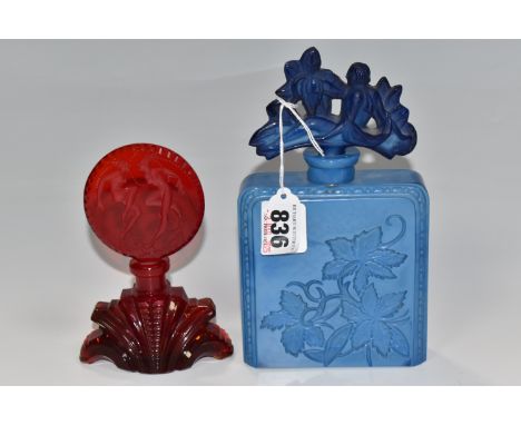 TWO EARLY TWENTIETH CENTURY SCENT BOTTLES comprising a Hoffman &amp; Schlovoght blue lapis bottle with a decorative figural s