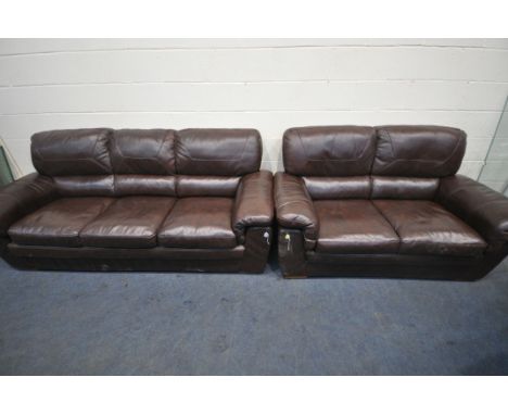 A BROWN LEATHER TWO PIECE LOUNGE SUITE, comprising a three seater sofa, length 230cm x depth 93cm x height 95cm, and a two se