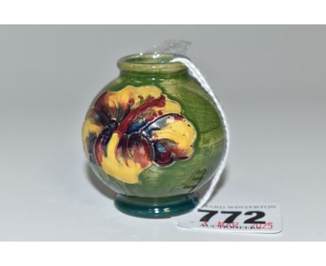A MOORCROFT POTTERY MINIATURE 'HIBISCUS' VASE, of globular form, tube-lined with pink, purple and yellow Hibiscus flowers on 