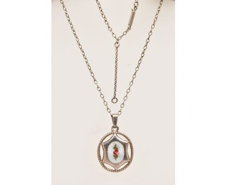 A 'CHARLES HORNER' ENAMEL PENDANT AND CHAIN, the pendant with light blue guilloche enamel and painted rose flower, stamped to