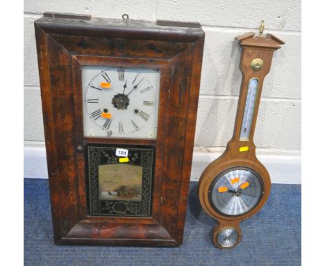 JEROME AND CO, AN AMERICAN WALL CLOCK, with two weights, one pendulum, and one winding key, along with a barometer, condition
