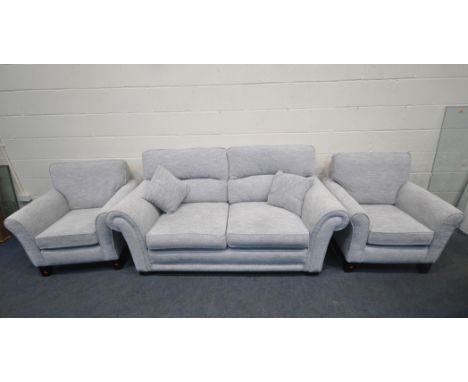 A MODERN GREY THREE PIECE LOUNGE SUITE, comprising a two seater sofa, length 194cm x depth 94cm x height 100cm, along with a 
