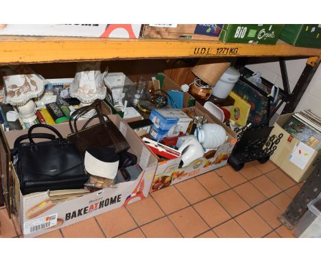 FIVE BOXES AND LOOSE MISCELLANEOUS SUNDRIES, to include vintage handbags, bedside lamps, L.P records, framed pictures, glass 