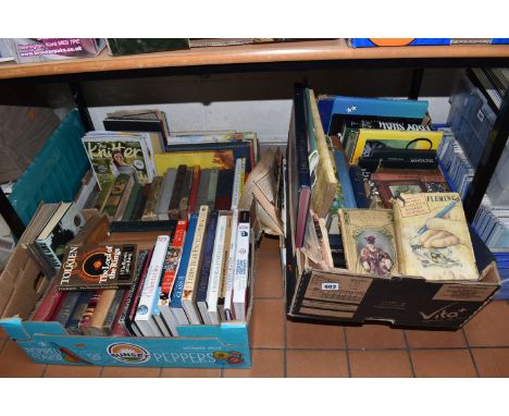 FOUR BOXES OF BOOKS, to include approximately eighty to one hundred titles in hardback and paperback formats, including a fir
